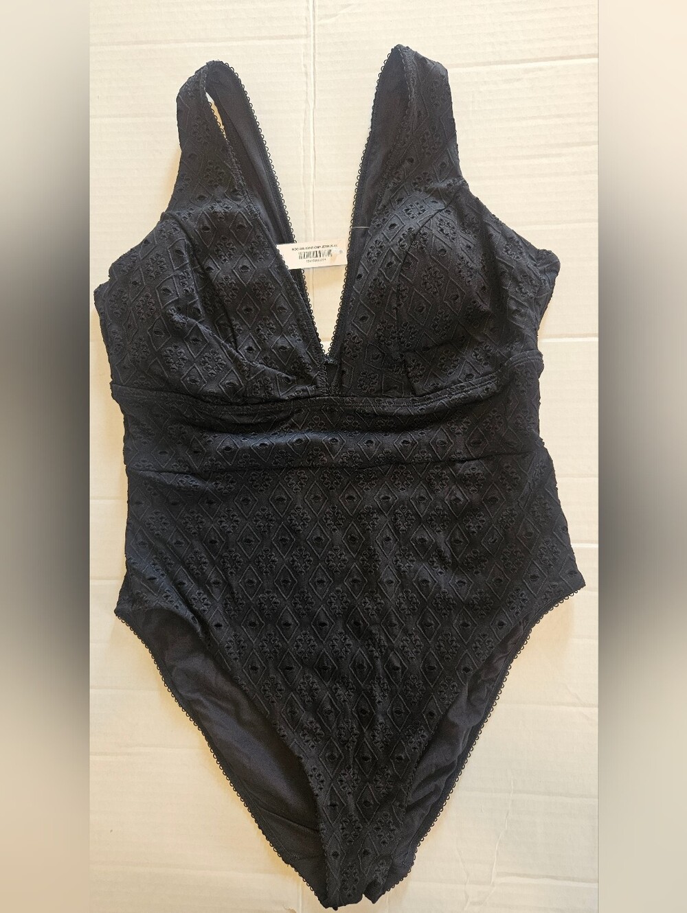 Adore Me 1X Jet Black Eyelet Embroidered Plunge One Piece Swimsuit NWT